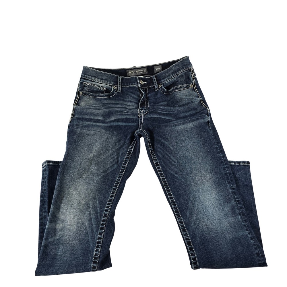 BKE Alec Mens Straight Leg Dark Wash Whiskered Stretch Denim Jeans 34R 14354